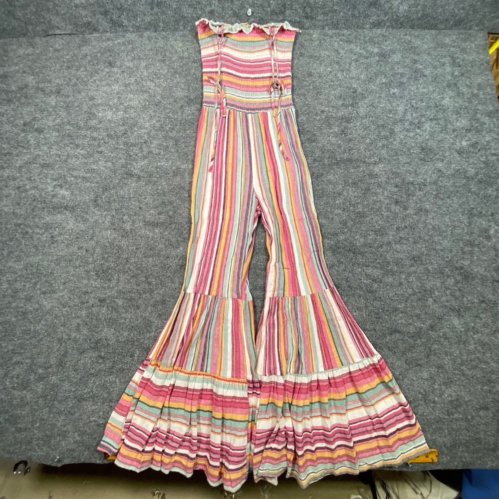 Entro Womens Small Multi Color Striped Smocked Tie Strap Wide Leg Jumpsuit